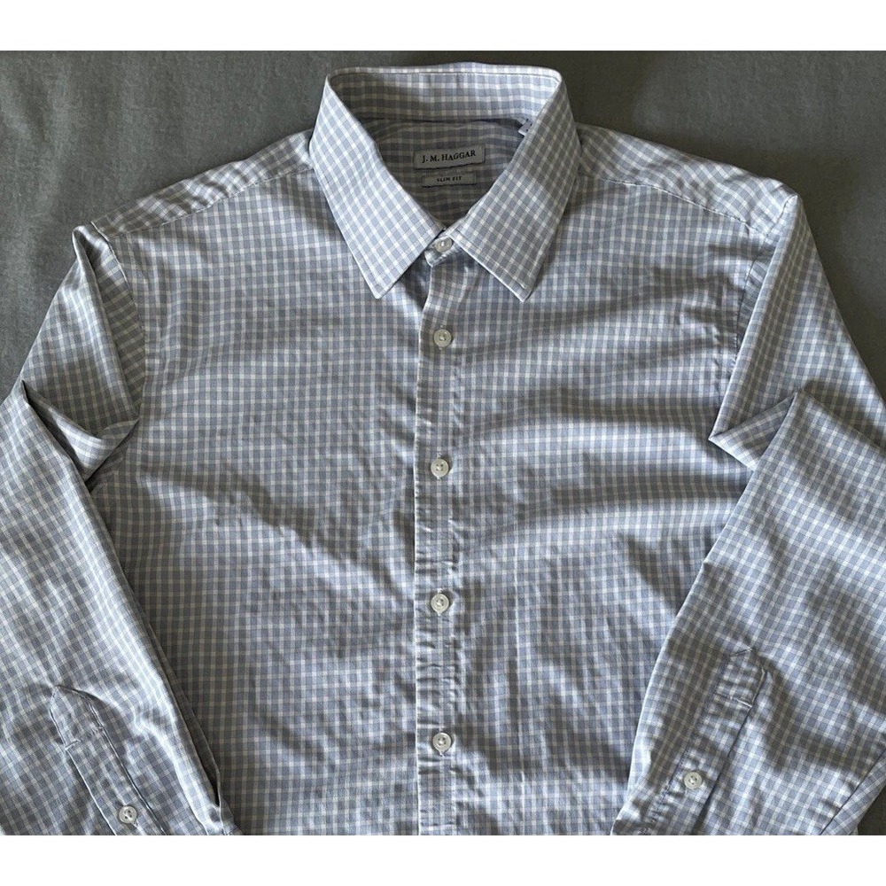 J. M. Haggar Mens Dress Shirt 16 1/2-34/33 Slim Fit Performance Gingham Check - Picture 1 of 12